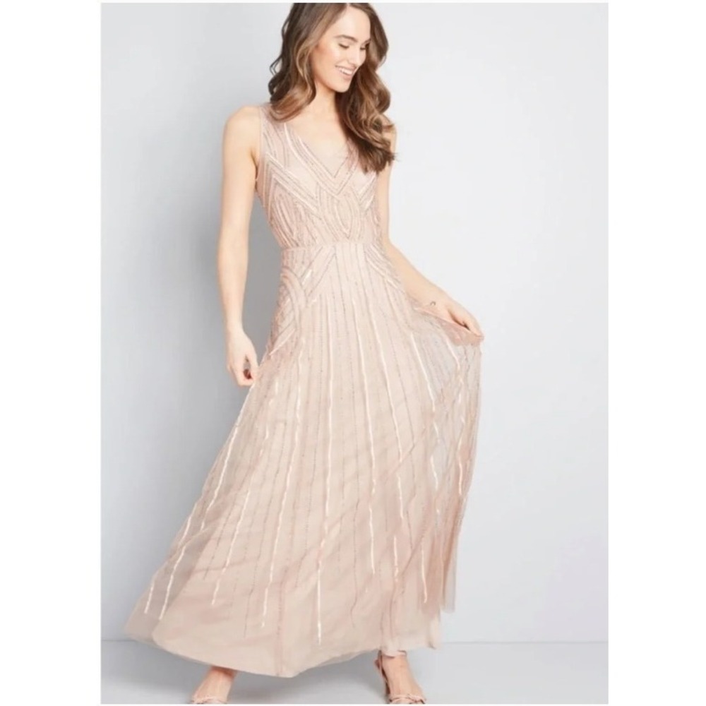 ModCloth Beaded Maxi Dress Size L Pink Sequin Art Deco V-Neck Sleeveless Formal